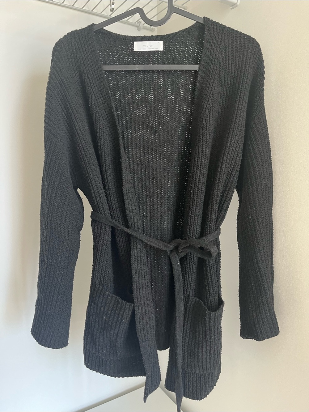 OAK + FORT Black Open-Front Belted Knit Cardigan